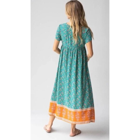 Natural Life Avery Midi Dress in Teal and Orange Boho Floral Pockets Cottagecore - Picture 5 of 14
